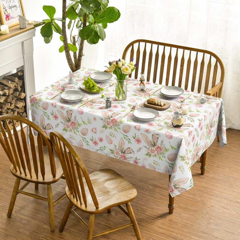 Horaldaily Easter Tablecloth 60×84 Inch Rectangular, Bunny Ear Flowers Spring