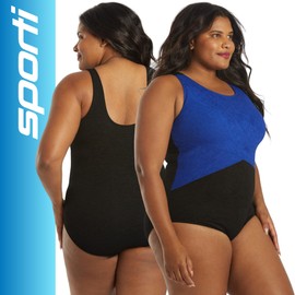 Sporti Plus Size Textured Chlorine Resistance Asymmetric Colorblock One Piece Slimsuit - Black/Deep Sea - 20W