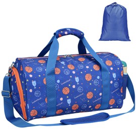 Bagseri Travel Duffle Bag Boys - Waterproof Kids Gym Sports Bag for Overnight Sleepover Bag with Shoe Compartment and Dry Wet Separation Pockets (Blue Basketball)