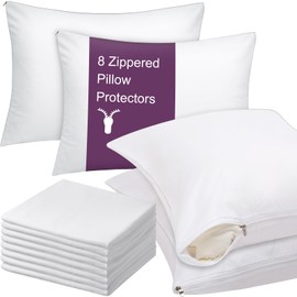 Shimeyao 8 Pcs Zippered Pillow Protectors Bulk Standard Bedding Pillow Cases Soft Breathable Cotton Sateen Dust Protection Covers White Cases for Home Hotel Rental (20 x 26 Inch)