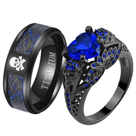Ringskull 2 anillos de calavera para él y ella anillos de pareja esqueleto negro anillo de corazón rojo CZ para mujer, anillo de boda punk titanio acero para hombre, women size7 & men size9, Metal