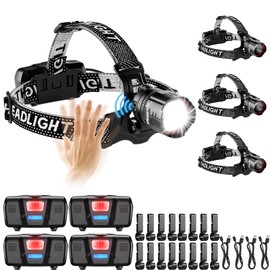 Spriak 90000 Lumens LED Headlamp& 100H Using Time, USB Rechargeable Head lamp, 90° Adjustable Widebeam Motion Sensor Head Light with 5 Modes,Zoomable for Camping Running Hiking, Hard Hat Headlamps 4pc