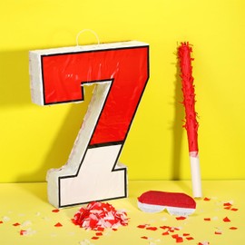 Number 7 Pinata for 7th Birthday Party Decorations, Perfect for 7th Birthday Party Supplies, Fiesta, Anniversary Celebration, Birthday Pinata with Stick Blindfold Confetti Large 16 x 11.8 x 3.2 Inches
