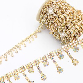 1 Yard Rhinestone Trim Chain, Gold AB Crystal Beads String Diamante Ribbon Bling Strips Sewing Fringe Tassel Sewing for DIY Party Wedding Bouquet Dress Decoration Bridal Costume Embellishment