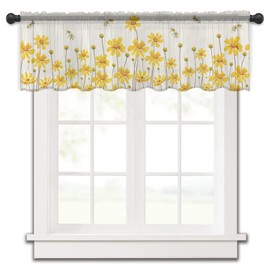 Futuregrace Yellow Daisy Floral Sheer Valance Curtains for Kitchen Living Room Decor, Honey Bee Rustic Flowers Semi Sheer Curtain Voile Valance Rod Pocket Window Treatment Short Curtain Panel 54"x18"