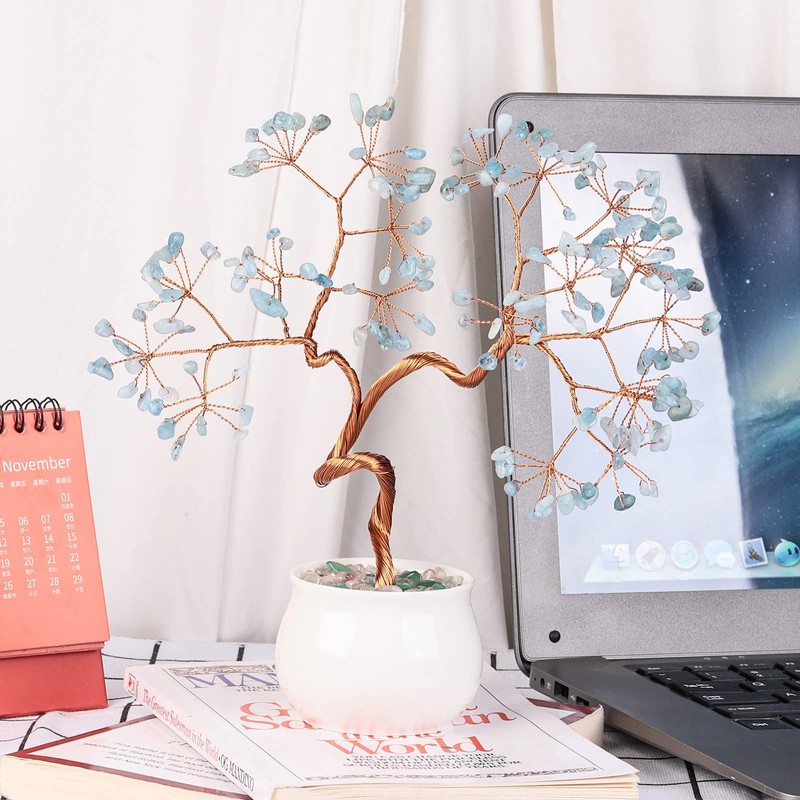 Amogeeli Healing Aquamarine Crystal Copper Money Tree with Ceramic Pot,