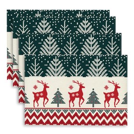 Set of 4 Christmas Place Mats, Washable Pixel Style Red Green Christmas Tree Reindeer Linen Place Mats Fabric Christmas Party Table Decoration (45 x 30 cm)
