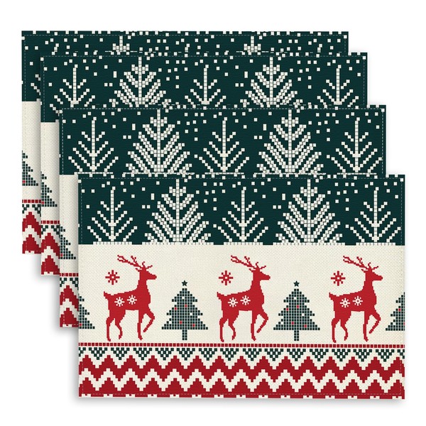 Set of 4 Christmas Place Mats, Washable Pixel Style Red