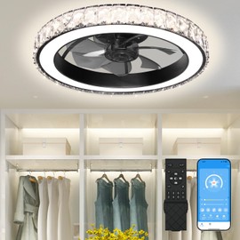 Aipsun Low Profile Modern Crystal Chandelier Ceiling Fans with Lights and Remote, 3000K-6500K Smart Bladeless LED Fan, 18" Black Modern Ceiling Fans with Lights for Bedroom