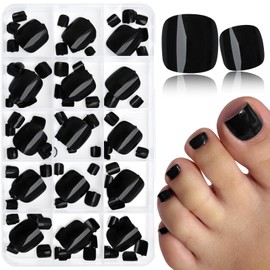 Bellelfin 180Pcs Black Press on Toenails Short Fake Toenail Glue ons, Glossy Acrylic False Toe Press on Nails Artificial Toe Nail Tips for Women Girls