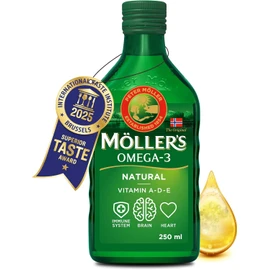 Möller's Omega 3 Cod Liver Oil, Omega 3 Dietary Supplement with EPA, DHA, Vit A, D and E, High Purity Natural Cod Liver Oil, 165 Year Old Brand, Superior Taste Award, Neutral Taste, 250 ml