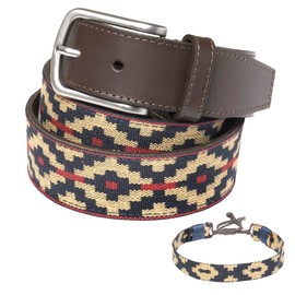 PELPE Argentine Leather Belt with Matching Cord and Leather Wristband Embroidered Leather Belt for Men and Women Argentine Polo Belt, Blue-beige-red
