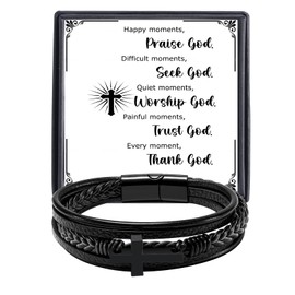 QWNHONEY Religious Gifts for Men Happy Momments Praise God Christmas Valentine's Day Christian Jesus Easter Catholic Black Leather Cross Bracelet 7.5 Inches