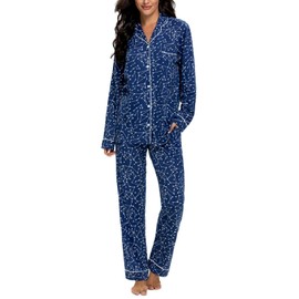 Tugege Pajamas Set Long Sleeve Sleepwear Women Button Down Nightwear Pj Lounge Sets (Deep Blue Constellation, XX-Large)