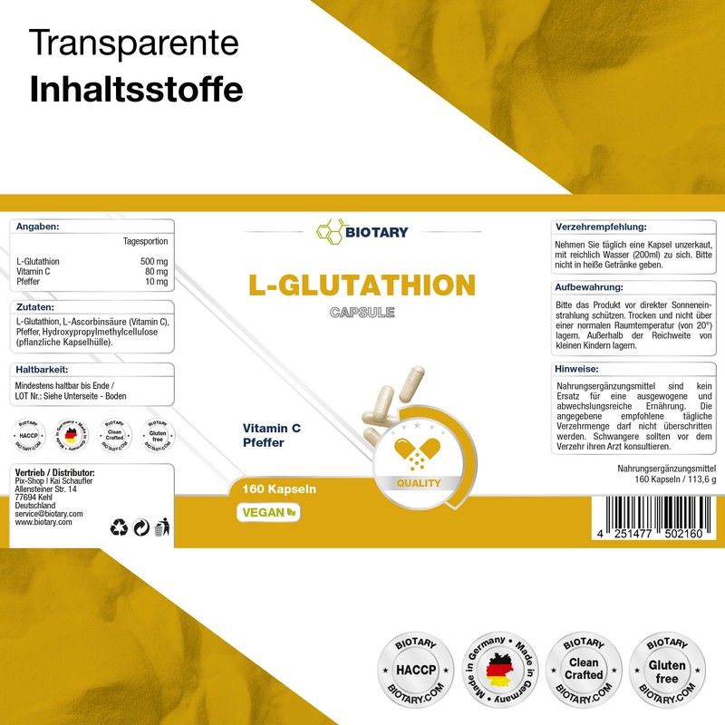 Biotary L Glutathione 160 Capsules 500 mg per Daily Serving