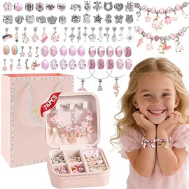 76 PCS Kit para Hacer Pulseras Niña, Pulseras Niña Manualidades, Kit de DIY Bisuteria de Collar, Kit para hacer pulseras con dijes para niñas, Cumpleaños, Navidad, a Niñas 4-13 Años (76 Piezas)