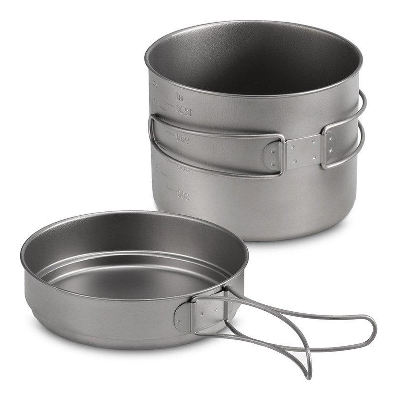 1100ML / 1600ML Titanium Pot Pan Set Super Lightweight Camping