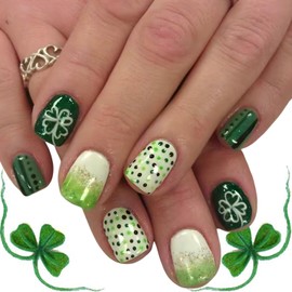 24Pcs St. Patrick's Day Press on Nails Short Square Fake Nails Green Gradient French Tip False Nails Spring Shamrock Glue on Nails Cute Polka Dot Full Cover Acrylic Nails Irish Clover Artificial Nails