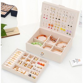 QBestry Girls Jewelry Box Earring Holder Organizer for Girls Earring Organizer Teen Jewelry Box Organizer for Girls Beige jewelry Boxes for Earrings Necklace Ring Stud Earring Box Organizer for Girls