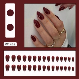 30 Pcs Wine Red Solid Color Fake Nails Medium Almond Press on Nails Glossy Acrylic Glue on Nails Reusable Full Cover Glue on Nails for Women DIY Manicure Decoration
