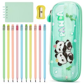 OPPZZIT Pack of 10 Pencils with Eraser, Kawaii Pencil Case Panda 2 Compartments and Pen Holder Inside, Pencil Set Children with Pencil Case & Notebook, Panda Gifts for Girls Boys 4 5 6 7 Years