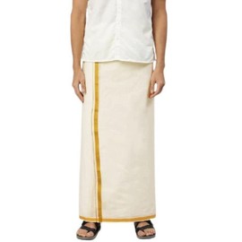 Kolakeer™ Men's Cotton Dhoti with Elegant Kasavu Zari Border - 1.8 Mtrs/4 Mulam/Single Layer South Indian Veshti Mundu (30K Gold Zari, Cream)