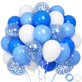 Blue Balloons, 60 pcs 12 inch Blue White Birthday Balloons with Blue Confetti Balloons, Light Blue Party Balloons, White Blue Latex Balloons Party Decorations for Wedding Birthday Baby Shower Party