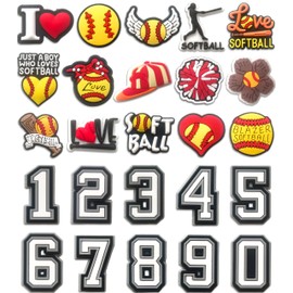 Mowzury Baseball Softball Shoe Charms for Clogs,25PCS Cute Sports and Number Accessories Pins for Decoration Boys Girls Kids Party Favors Gift (Softball)