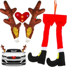 Frienda 2 Pieces Car Reindeer Antler Kit Elk Christmas Decorations with LED Lights Hanging Santa Claus Legs and Deer Nose Auto Accessories for Christmas Car Decorations
