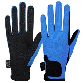 AFE Ladies Horse Riding Gloves Track Fabric Gloves Synthetic Leather Equestrian Black Stretch Fabric (Blue, Large)