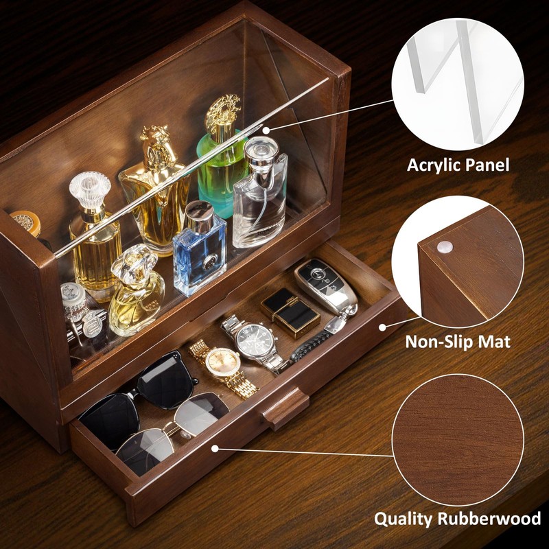 Miratino Cologne Organizer for Men, Wood Cologne Stand with Drawer,