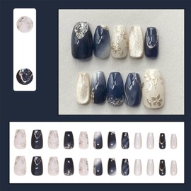 LBPEPAMZ LBPEPAMZ Purple Press on Nails Short Medium Coffin Fake Nails with 3D Embossed Silver Flower Designs White Gradient French Tips False Nails Full Cover Glitter Glossy Stick on Nails for Women 24Pcs