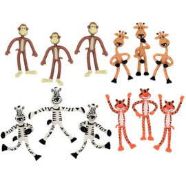 4 Inch Rubbery Bendable Jungle Safari Zoo Animals (12 Pack) Giraffe, Monkey, Zebra and Tiger Flexible Figures Birthday Party Favors Stress Relief Anxiety