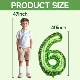 40 Inch Giant Green Pixel Number 0-9 Foil Balloons, Large Number Balloons Birthday Party Decoration Supplies (Number 6)