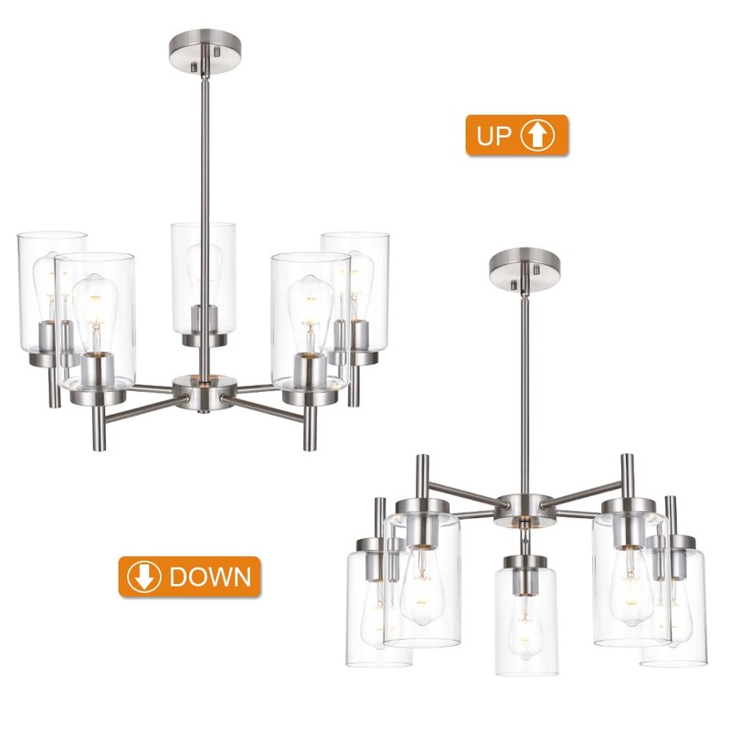 VINLUZ Contemporary 5 Light Large Chandeliers Modern Clear Glass Shades