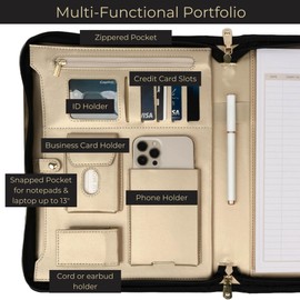 BLU MONACO Black Vegan Leather Portfolio Binder For Women - Professional Padfolio Work Organizer with Gold Trim, Zippered Business Case for Documents