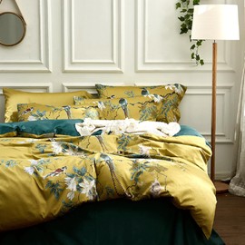 Birds Floral Duvet Cover Set Full Size Flower Bird Pattern Boho Duvet Cover Cotton Vintage Floral Bedding Set Garden Style Gold Yellow Comforter Cover Farmhouse Bedding Cover with 2 Pillowcases