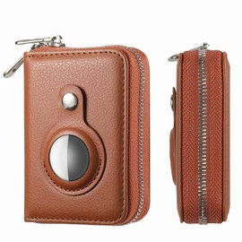 TopFunny Cases for AirTag Credit Card Holder Wallet for Men Women RFID Blocking PU Leather Cash Cards Organizer Zipper Wallet Case Brown