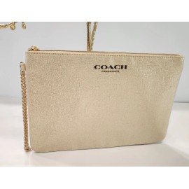 COACH Fragrance Gold Shimmer Logo Evening Pouch Bag with gold chain NEW