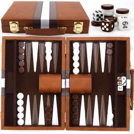 Backgammon, Backgammon Case, Backgammon Wood, with High-Quality Leather Case, Portable and Travel Backgammon Set (Brown)