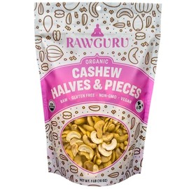 RawGuru Organic Cashew Halves|Pieces - Raw | Keto | Vegan | Kosher | Paleo | Gluten Free Snacks | Superfood, 16 oz.