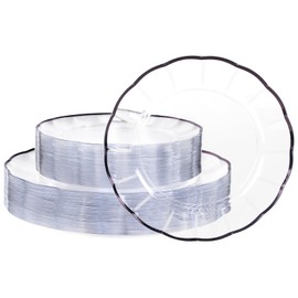 supernal 60pcs Clear and Black Plastic Plates New Fancy Scalloped Plates Disposable Heavy Duty Disposable Dinnerware Include 30 Dessert Plate & Dinner Plate for Party Halloween Thanksgiving Christmas