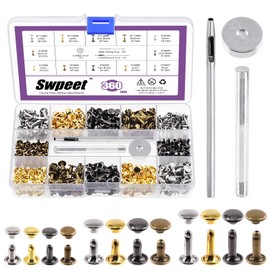Swpeet 360 Sets 4 Colours 6 mm 8 mm 12 mm Leather Rivets Double Cap Rivets with 3 Pieces Fastening Tool Assortment Kit, Leather Rivets Double Cap Rivets Tubular for DIY Leather Craft Clothing Shoes