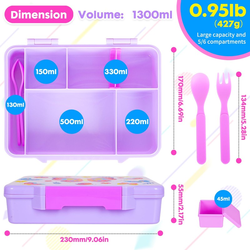 PinkSheep Bento Lunch Boxes for Kids, 1330 ml BPA-Free Leak-Proof