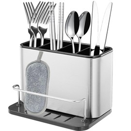 XFLYP Utensil Holder Cutlery Drainer Sink Caddy, 4 Compartments with Drainer, Cutlery Holder for Kitchen and Bathroom Storage Plastic Tableware Storage Drain Box Sink Cleaning Up(Stainless Steel)