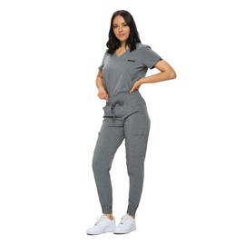 MONARCH UNIFORMS Stretchy Scrubs Women's Jogger Scrub Set In Regular and Petite Jogger Scrubs with Tuck-In Top for Women(Heather Gray-M)