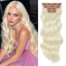 Vigorous Clip in Hair Extensions 20Inch Synthetic Hair Extensions Clip Ins 4Pcs Long Wavy Soft Synthetic Hairpieces for Women(Bright blonde)