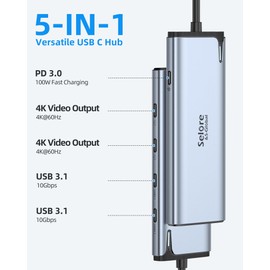 USB C Splitter USB C Video Output, 4K/60Hz DP Alt Mode, USBC Hub Multiport Adapter with 2 x C Ports Video Output, 10 Gbps Data Transfer, 100 W PD, 5-in-1 Dual Monitor Adapter for Windows