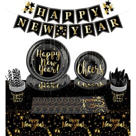 Happy New Year Eve Party Supplies Nye Decorations 2025 Tableware, New Years Plates and Napkins Disposable, 194 Pcs Happy New Year Banner Paper Plates, Napkins, Cups, Tablecloth Serve 24
