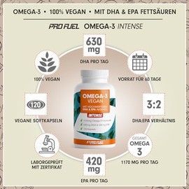 Omega-3 Vegan Intense - 120 Capsules - 2000 mg Algae Oil per Day - High Dose with 630 mg DHA + 420 mg EPA - Vegan Omega-3 Algae Oil Capsules - DHA:EPA Ratio 3:2 - Laboratory Tested with Analysis Certificate